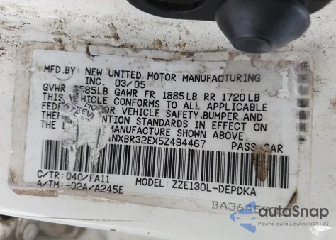 2005 Toyota Corolla Ce z USA, uszkodzony, nr VIN 1NXBR32EX5Z494467